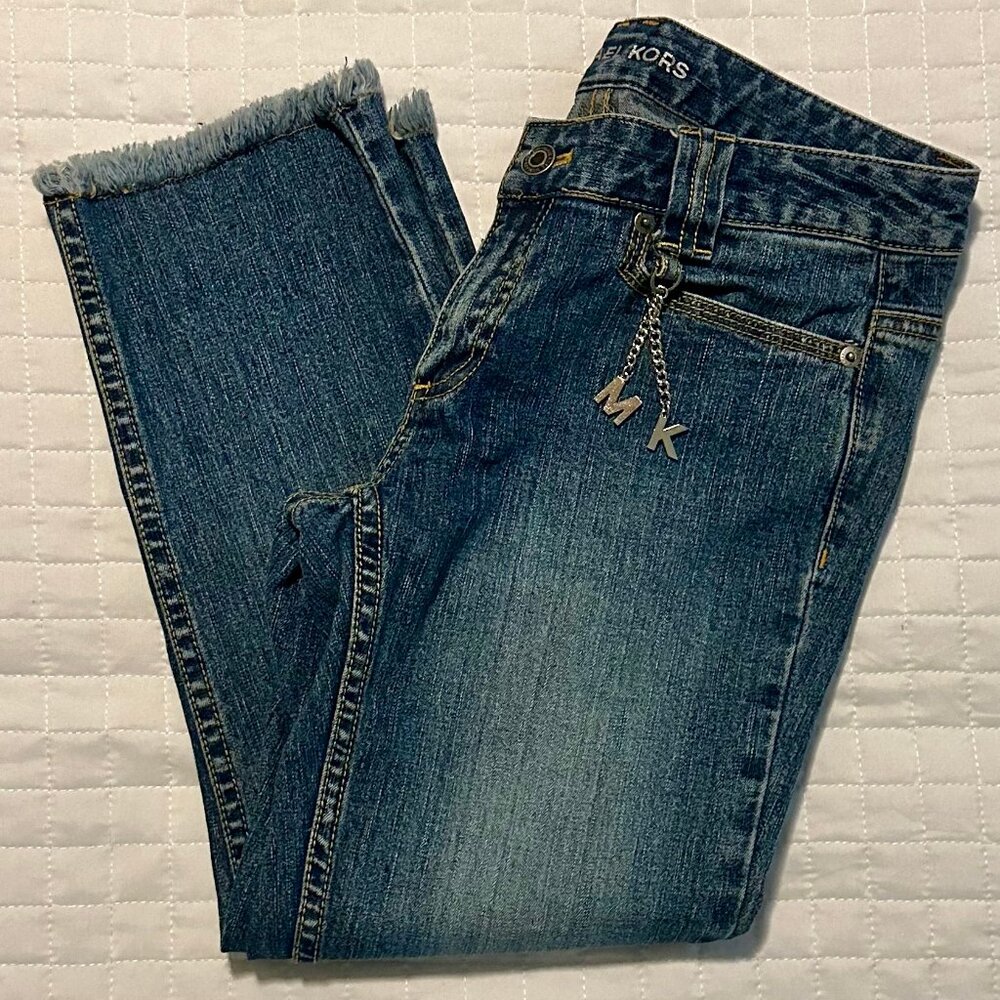MK Michael Kors Frayed Hem Blue Denim Cropped Ankle Pant Capri Charm Size 2 EUC